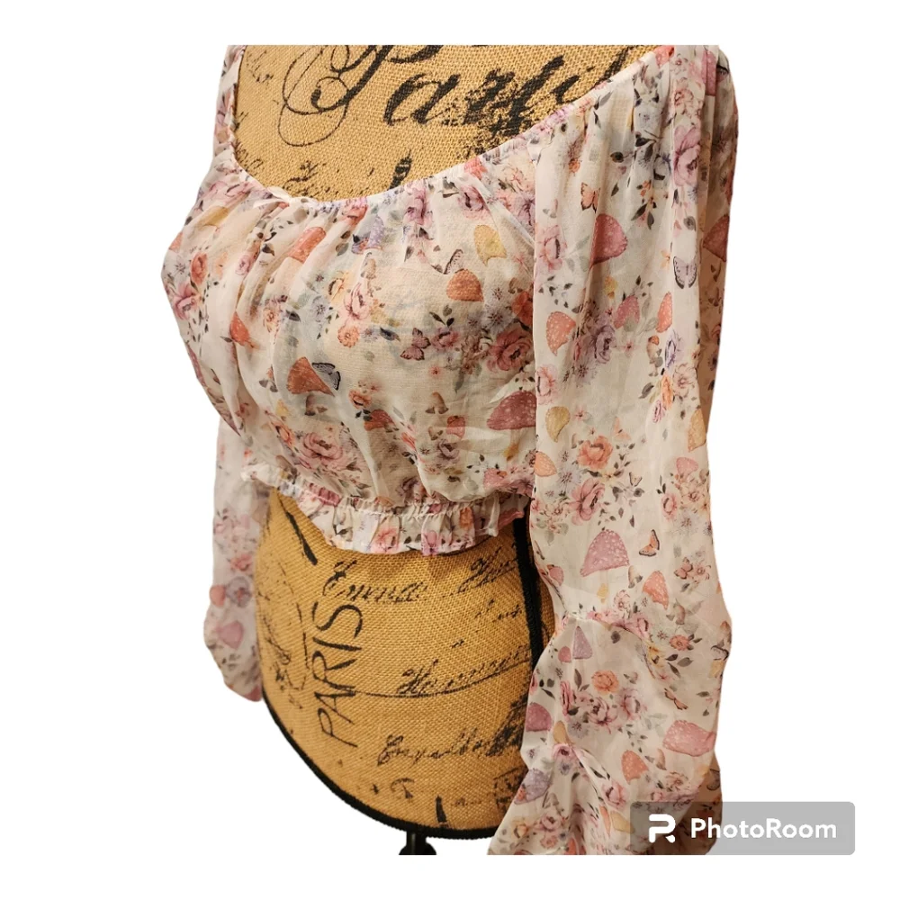 Sugar Thrillz floral half sheer blouse. On or off shoulder. - Picture 2 of 7